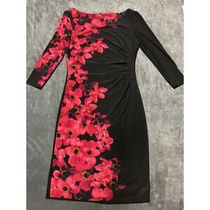Lauren Ralph Lauren Dress Woman’s Sz 6 Black Pink Floral Midi 3/4 Sleeves Fancy
